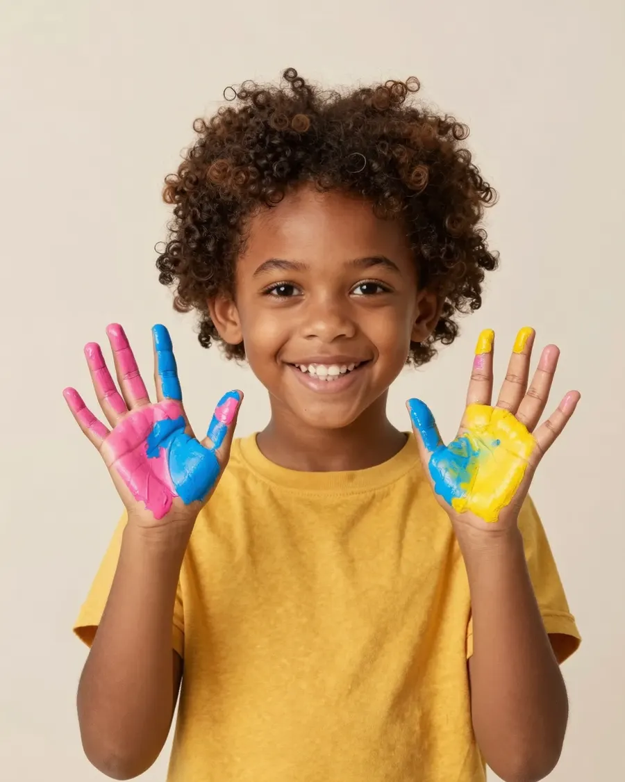 A child holding up two paint-covered palms