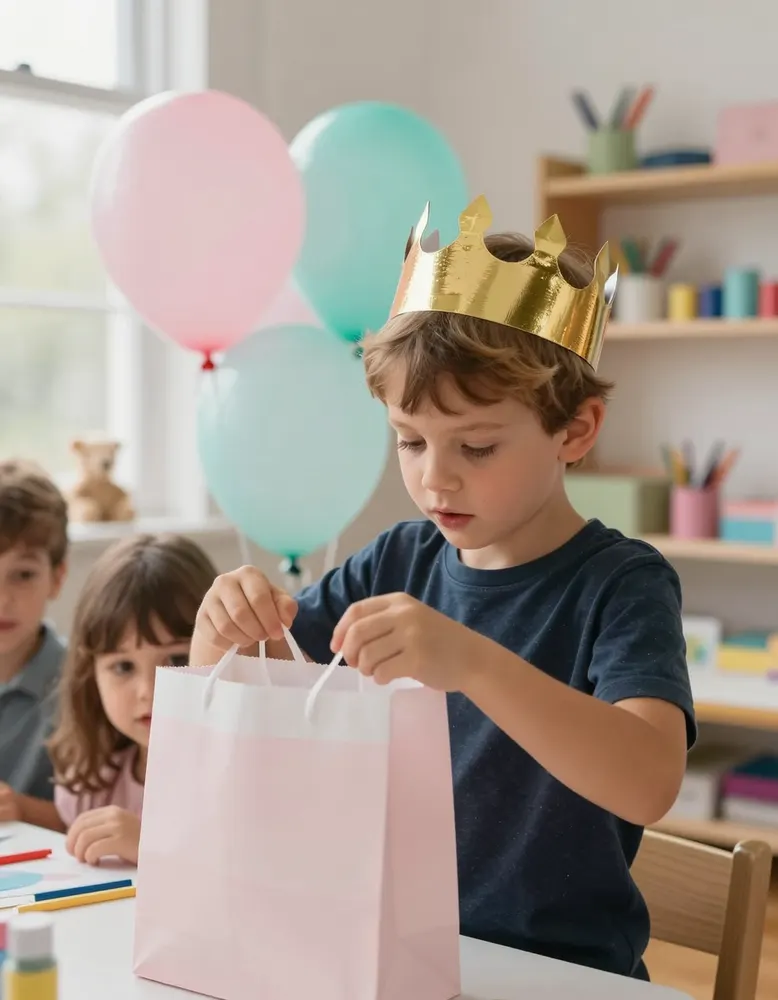 A birthday boy in a paper crown opening a gift bag