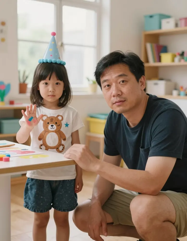 A dad photographing his daughter with her painted bear