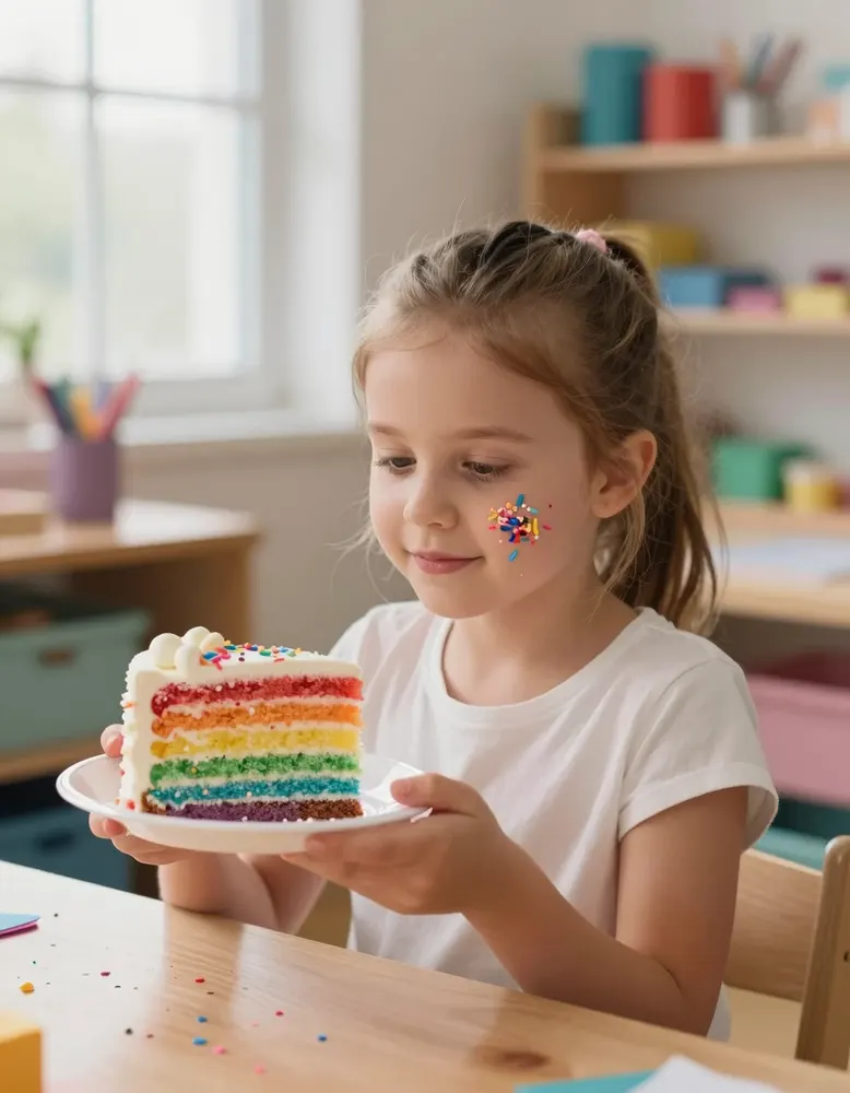 A birthday girl holding up a slice of rainbow cake