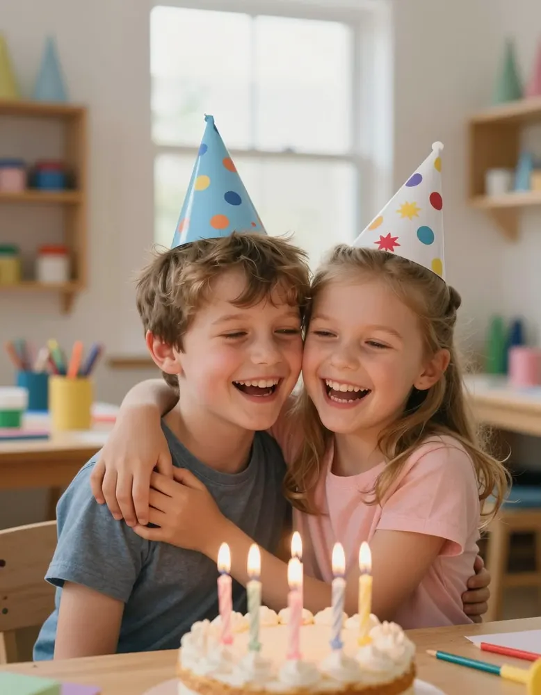 Two best friends in party hats hugging beside a candle-lit cake