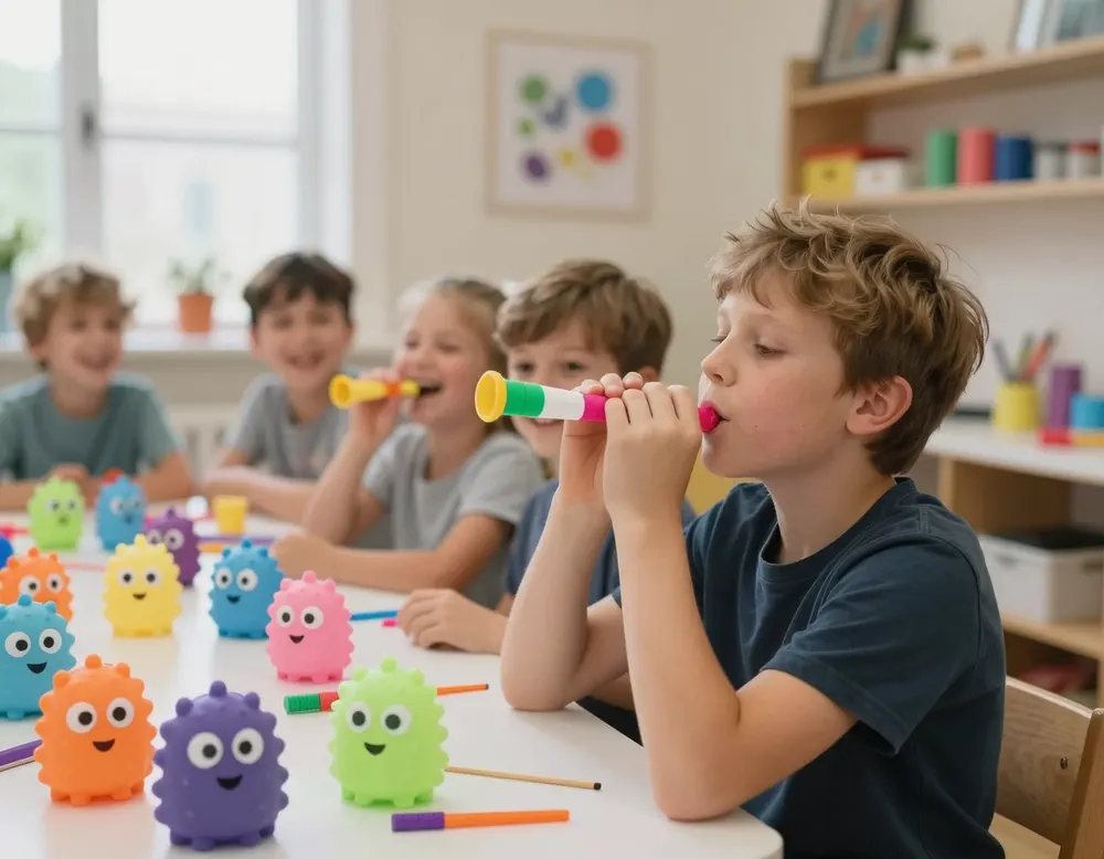 A birthday boy blowing a party horn at a table of goodie bags