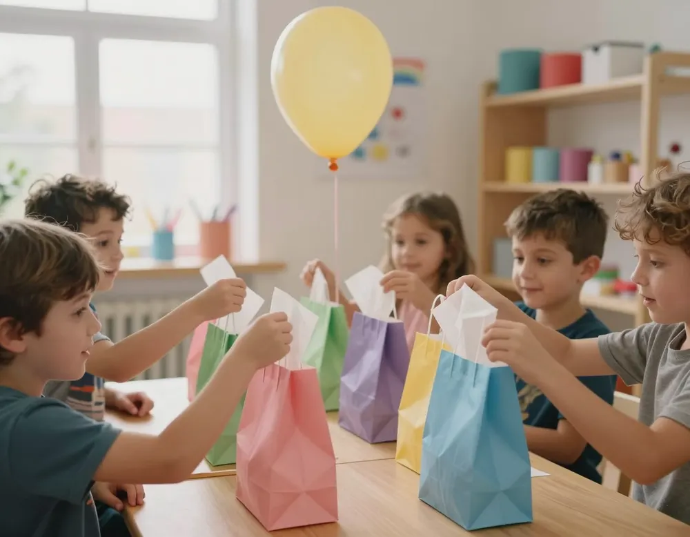 Goodie bags being passed down a party table