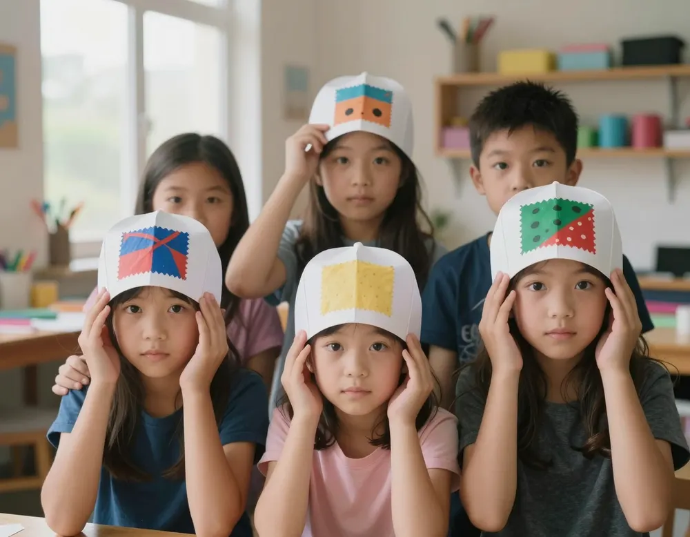 A birthday girl and friends holding up the caps they made