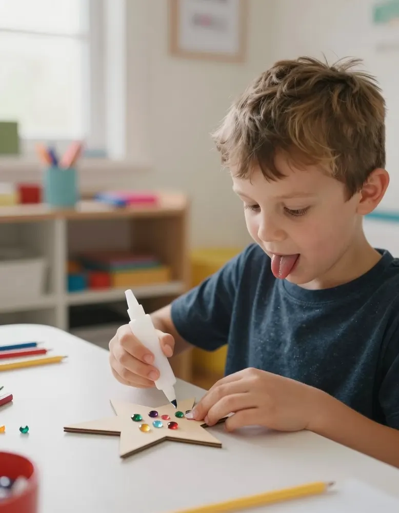 A boy gluing gems onto a wooden star