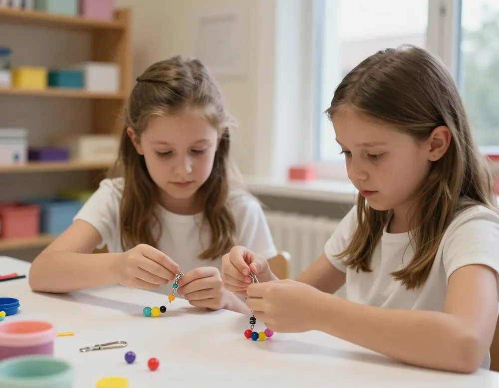 Two girls threading beads onto a keychain