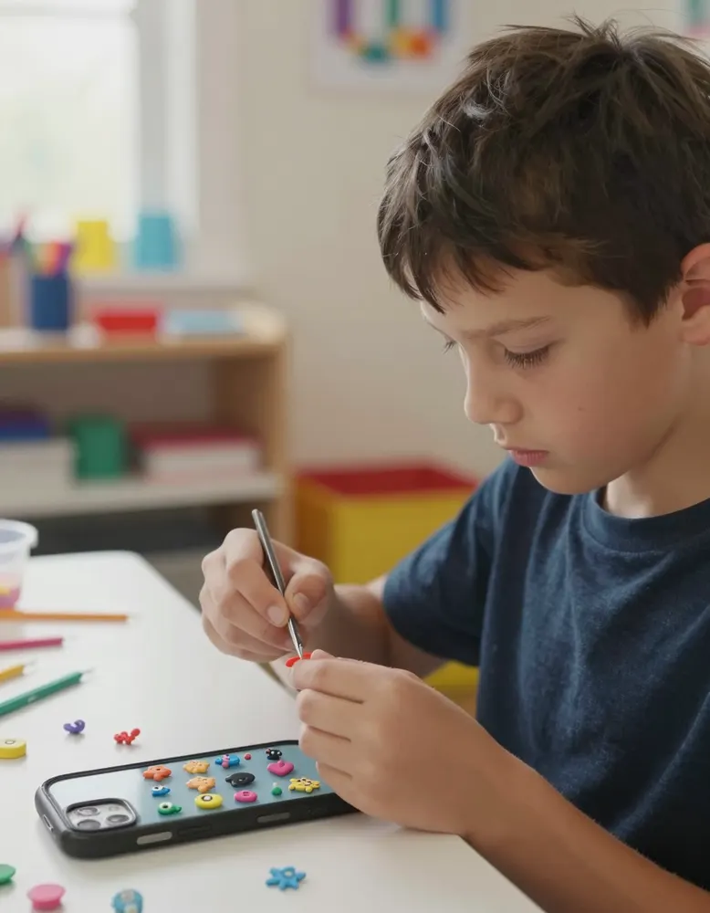 A boy placing tiny charms on a phone case with tweezers