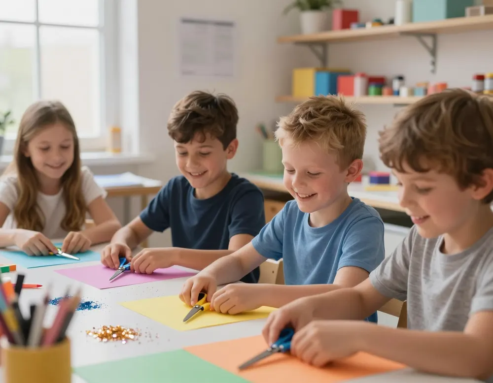 Four kids mid-project with glitter and coloured paper