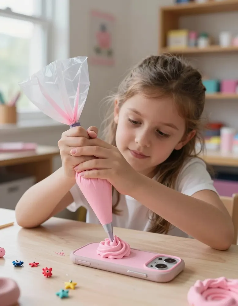 A girl piping whipped-cream clay onto a phone case