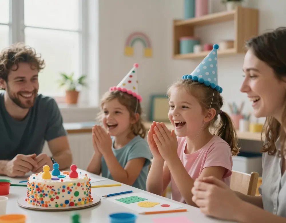 A family laughing at a party table with a sprinkle cake