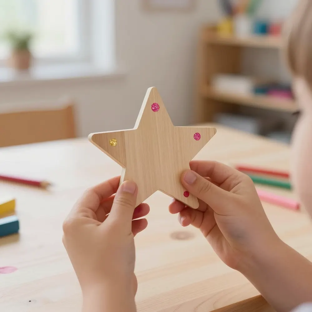 Small paint-covered hands holding a painted wooden star