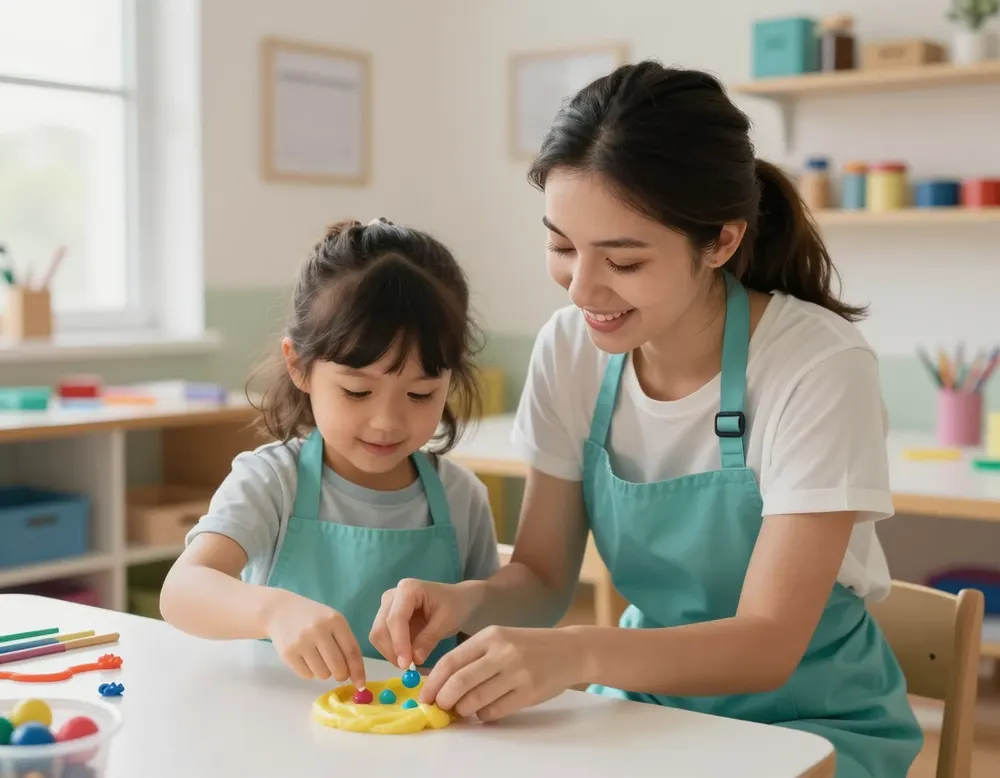 A Lulu Land host helping a child add charms to slime