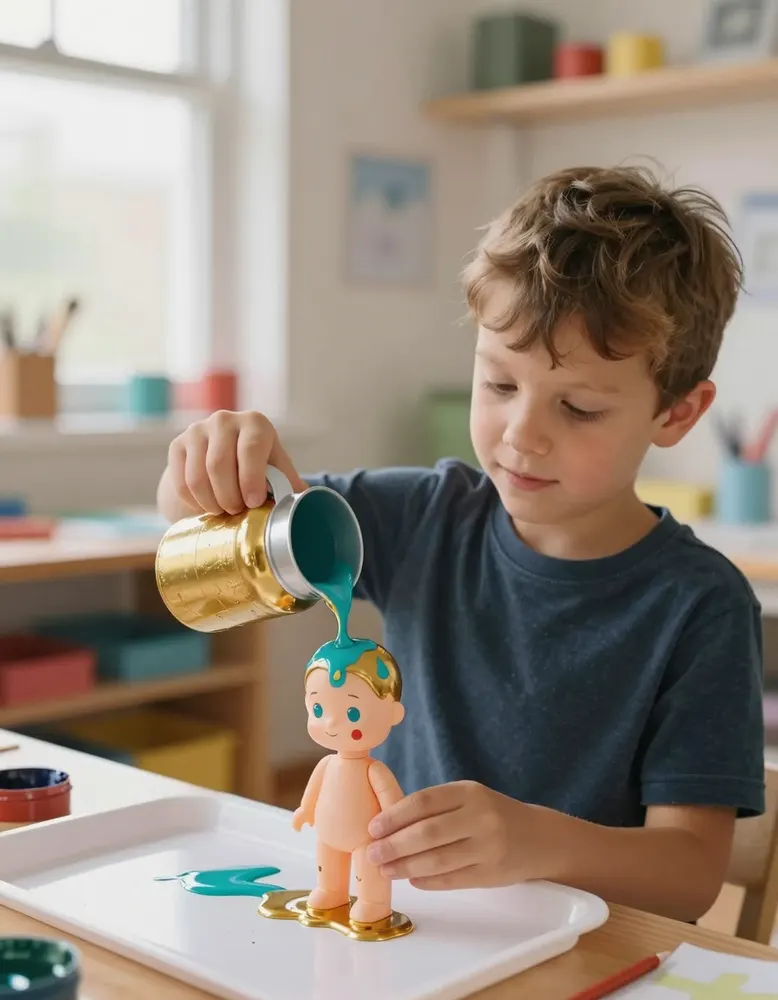 A boy pouring gold and teal paint over a toy figure