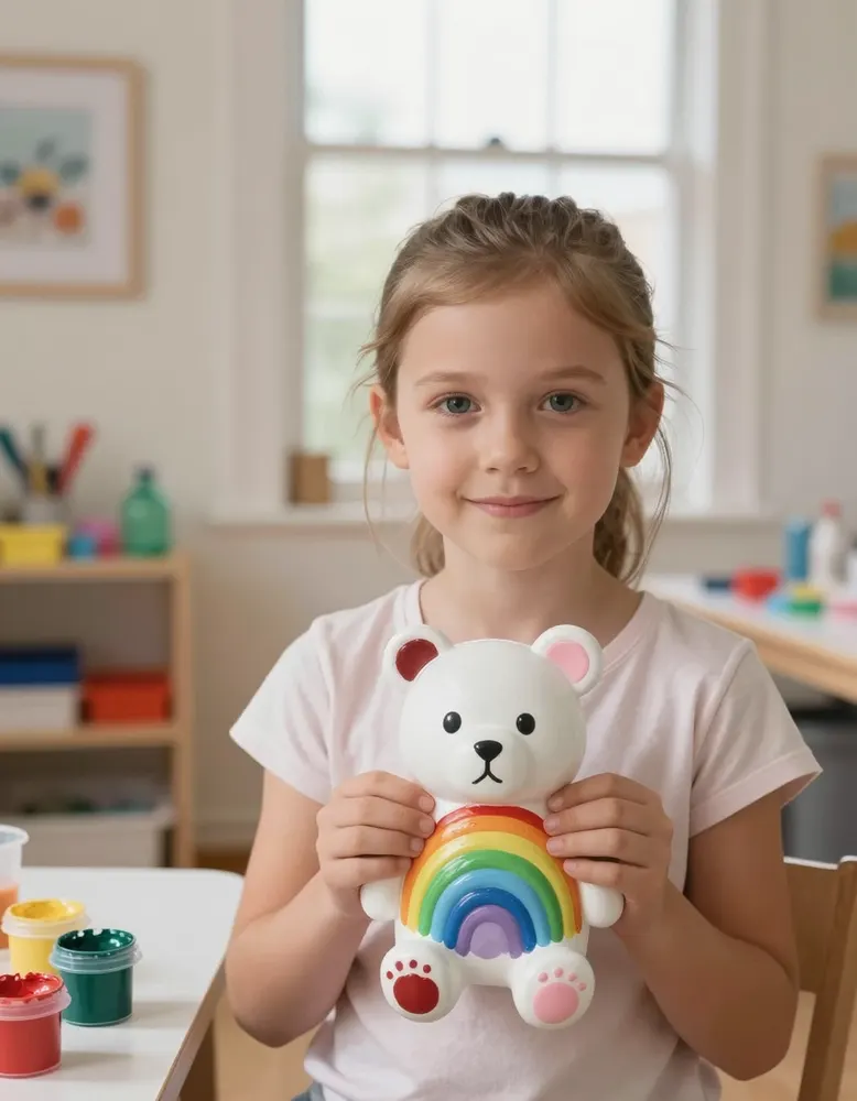 A girl with her finished rainbow-dripped bear and paint cups