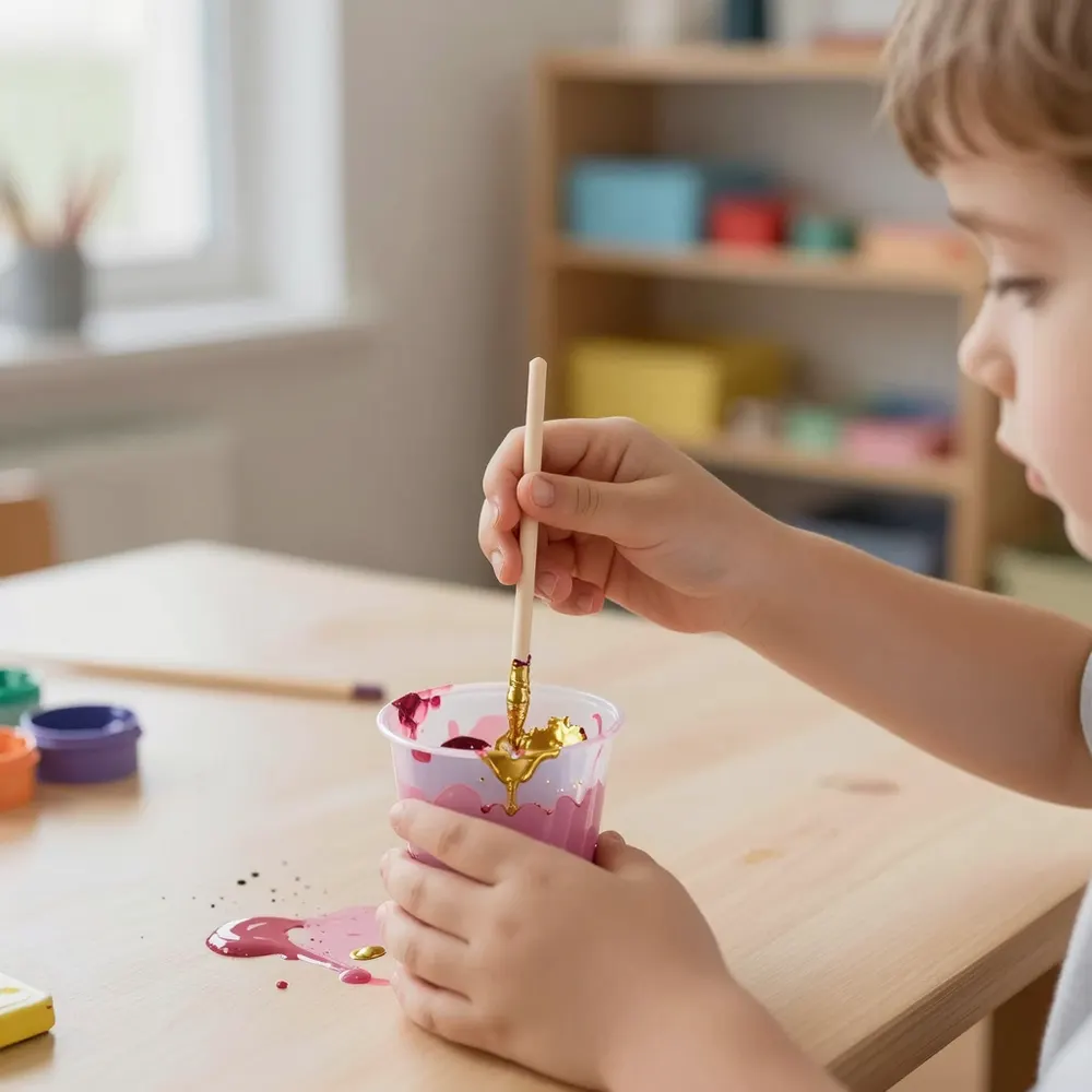 Small hands mixing rose and gold paint in a cup