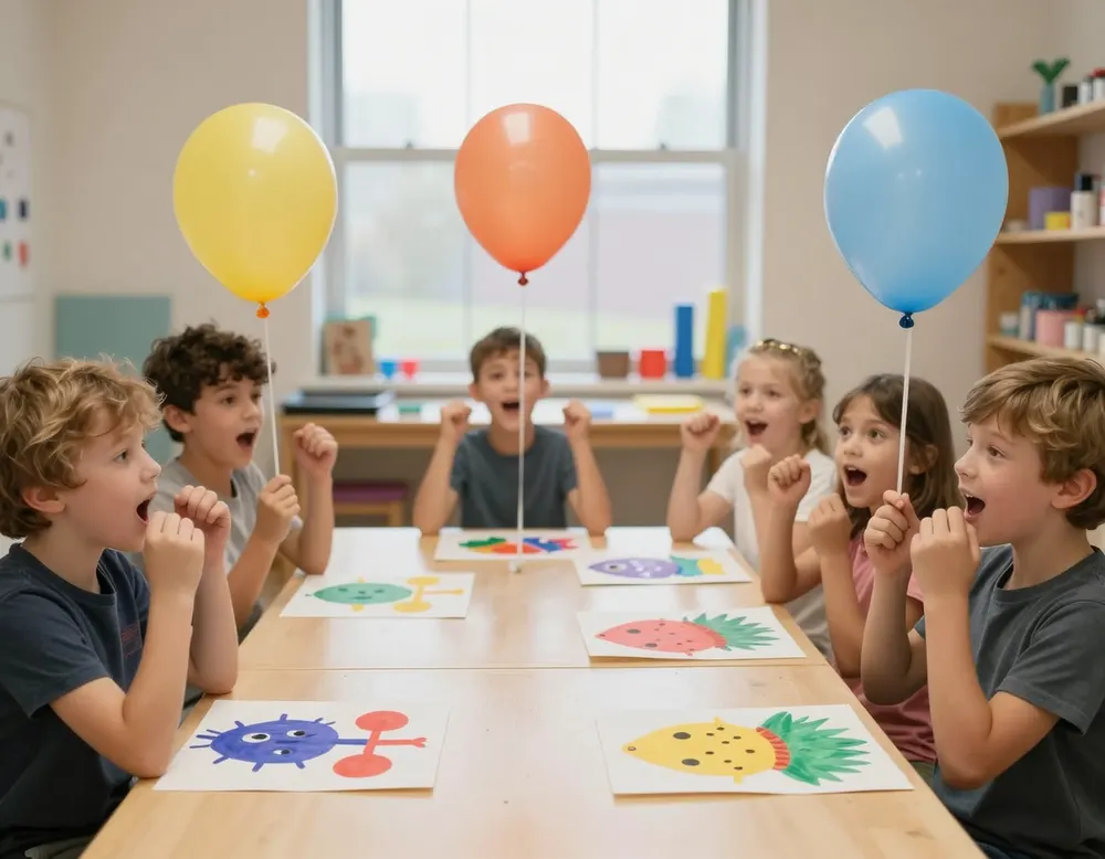 Six kids at a party table holding up their creations