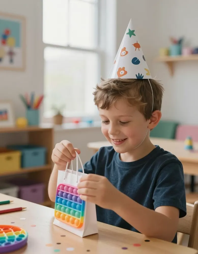 A boy in a party hat with a gift bag and a squishy