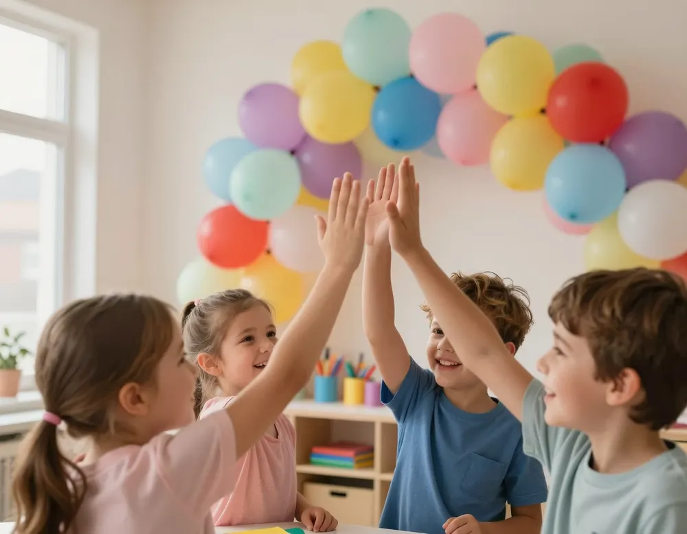 Four kids high-fiving under a balloon arch