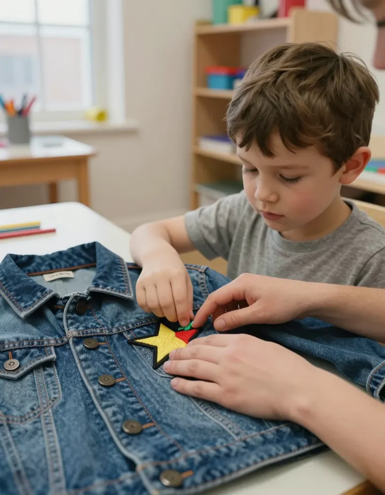 A boy pressing a star patch onto a denim jacket