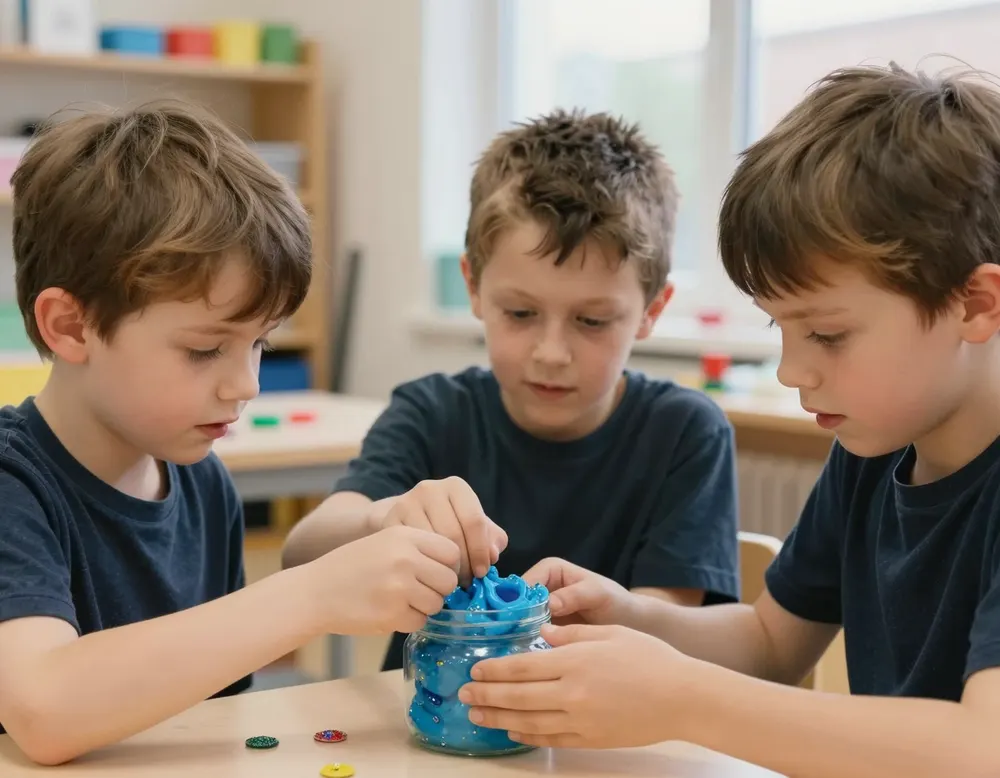Two boys pressing charms and glitter into blue slime