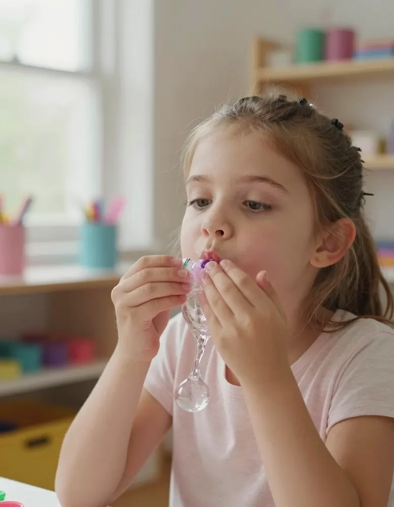 A girl blowing a bubble in clear glitter slime