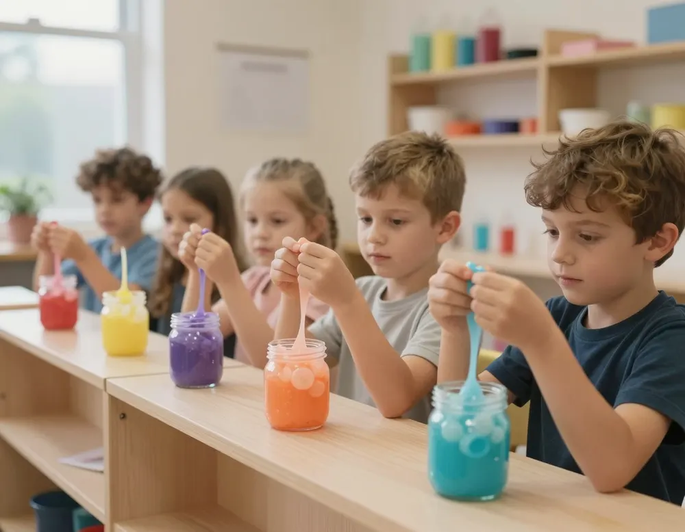 A row of kids holding up their finished slime jars