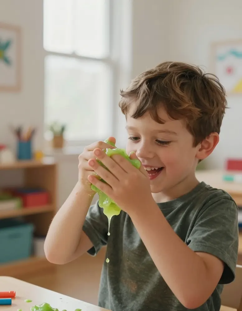 A boy squishing green slime between his fingers