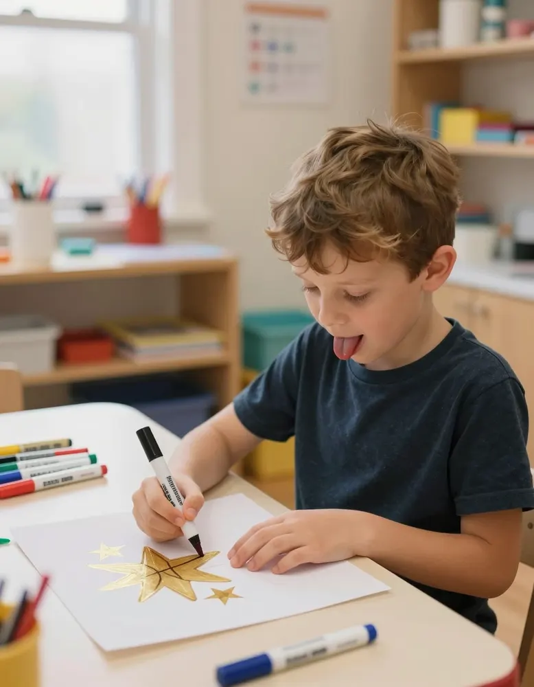 A boy drawing gold stars on a basketball