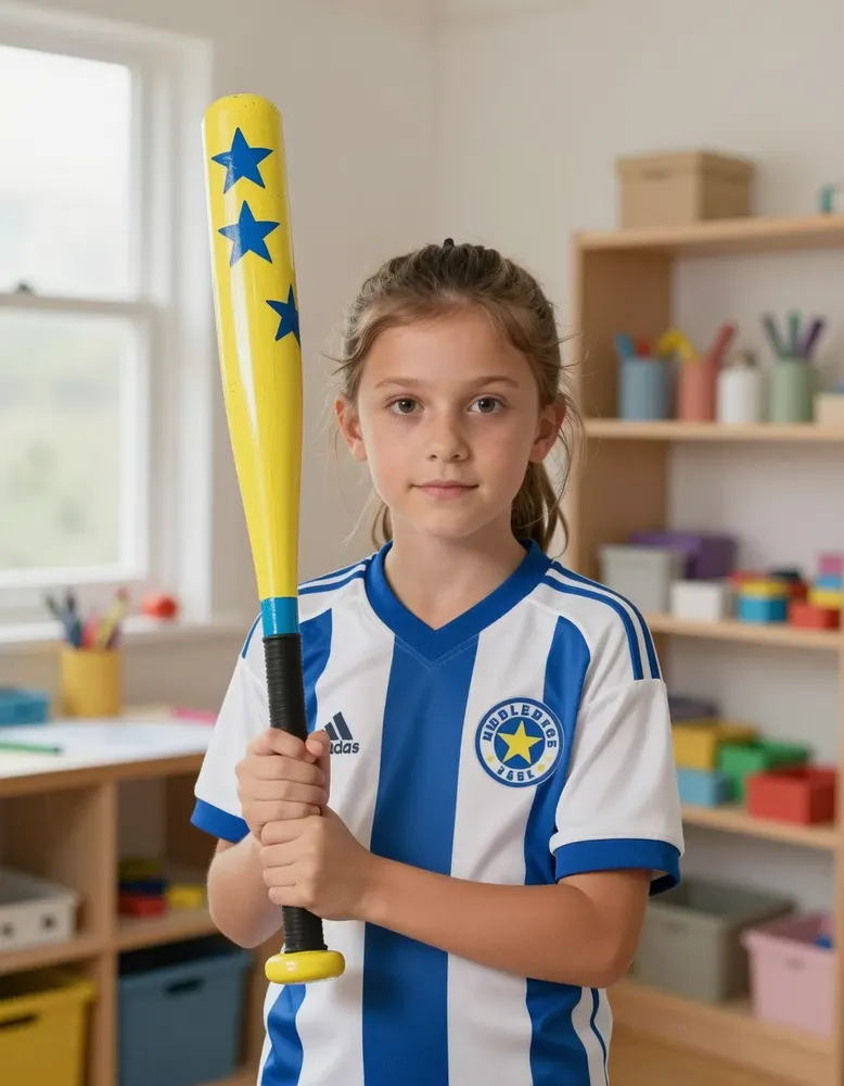 A girl holding up the baseball bat she painted