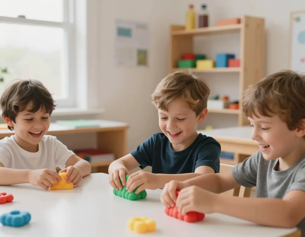 Three kids squeezing colourful squishies