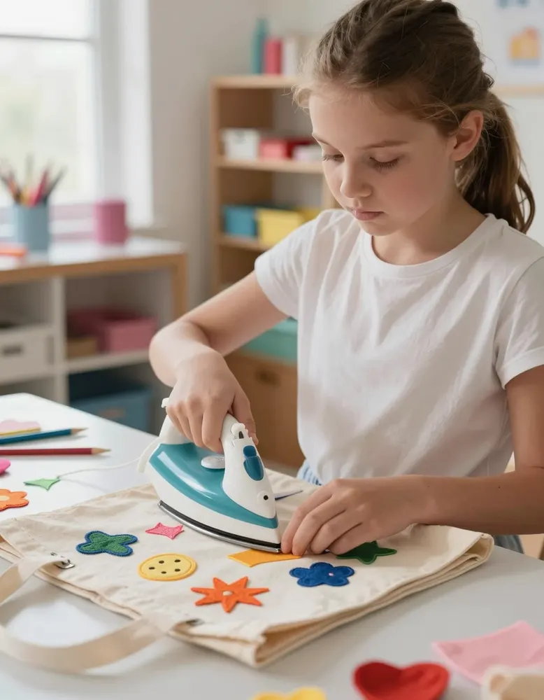 A tween ironing patches onto a tote bag