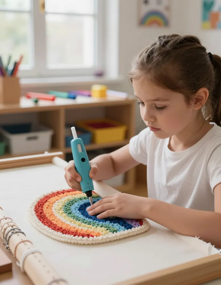 A girl using a tufting gun on a rainbow rug, guided by an adult