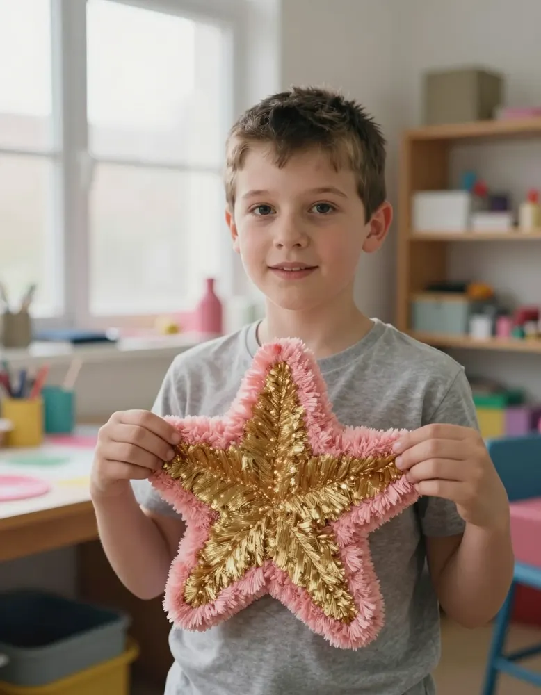 A boy holding up a small tufted star rug