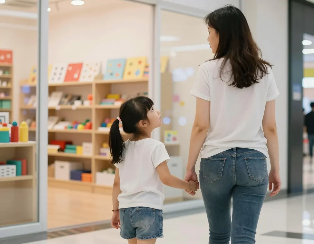 A mother and daughter walking into the studio at the mall